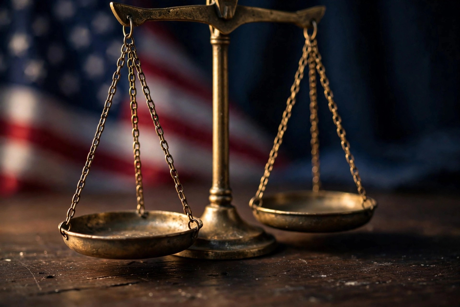 Brass scales of justice in front of an American flag